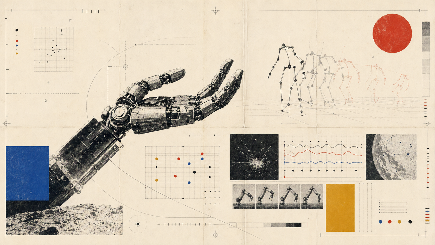 Phi9 vision atlas showing robotic manipulation, perception traces, signal panels, and physical AI proof marks.