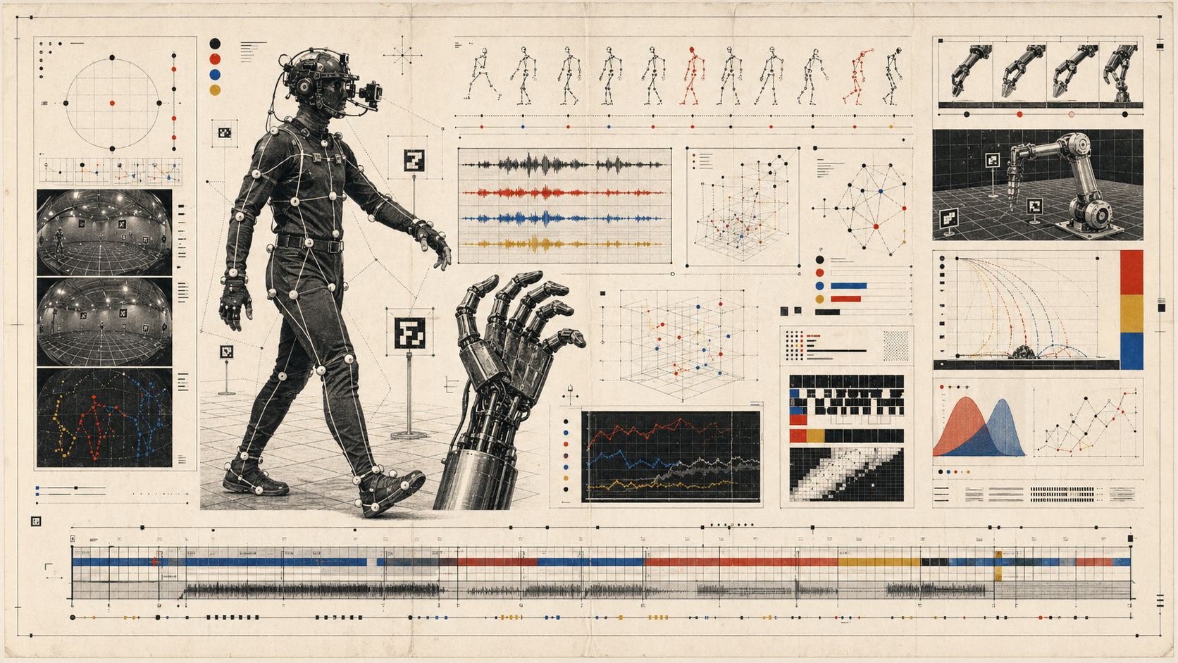 Archival atlas showing a suited humanoid motion-capture operator, robot hand, synchronized sensor traces, and physical AI capture artifacts.