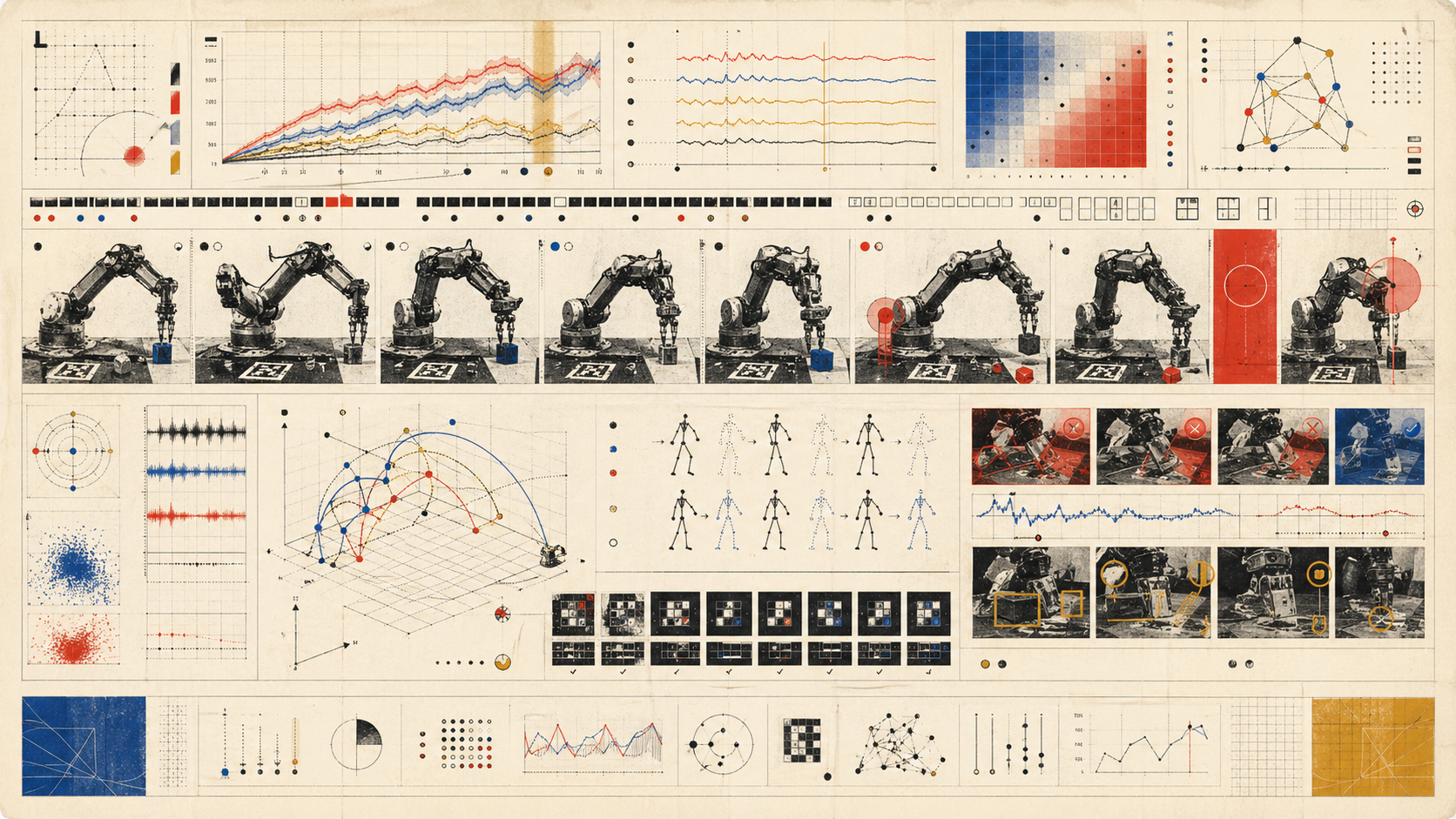 Phi9 data system represented as robot sequences, synchronized traces, benchmark fragments, and dataset proof panels.